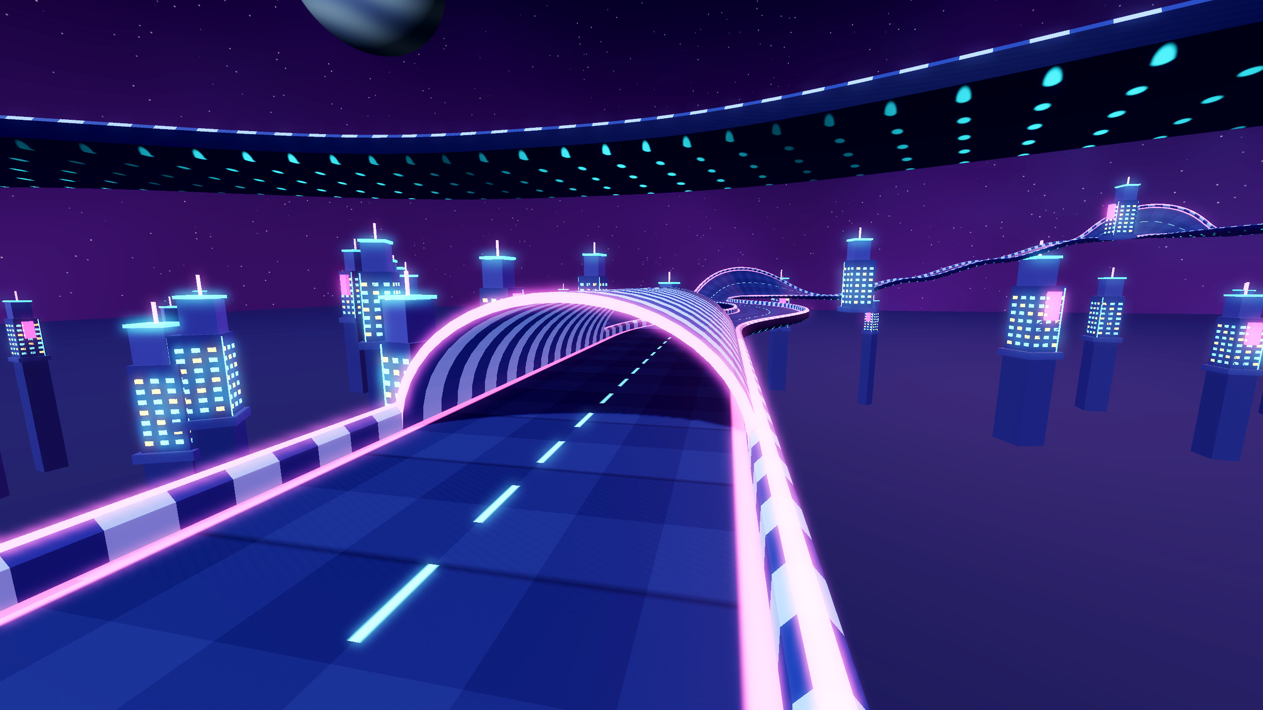 Layered glowing magnetic roads and city towers on Neon Interchange.