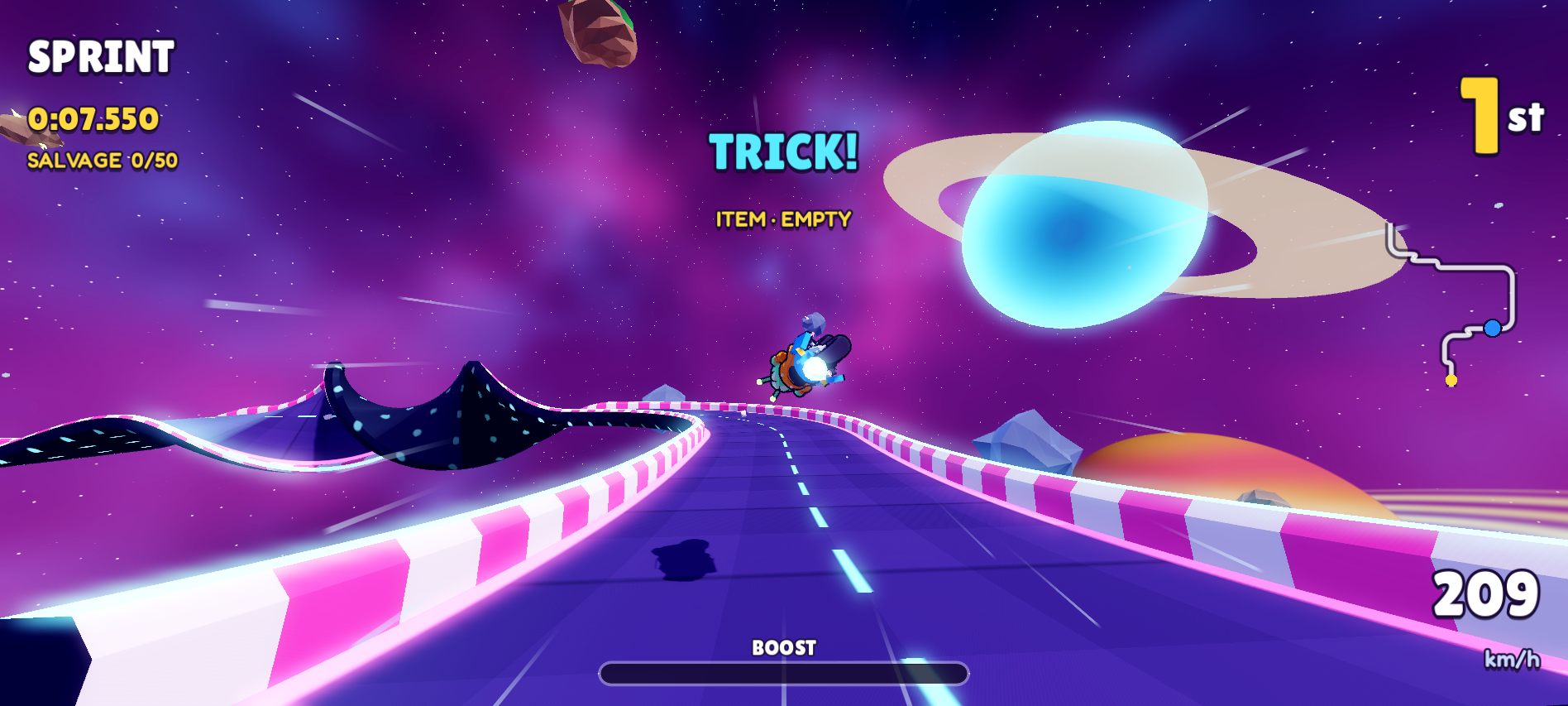 An alien rider flips a blue bike above a glowing purple road, with a huge ringed planet in the sky.