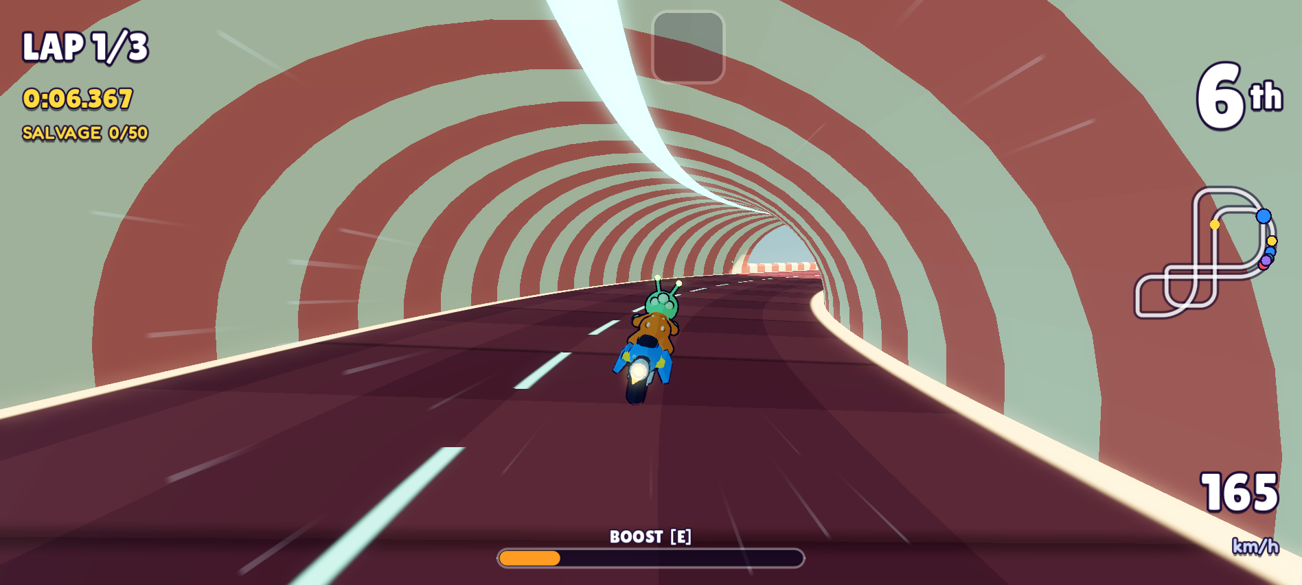 An alien rider follows a glowing magnetic road through Coral Knot's striped pipe.
