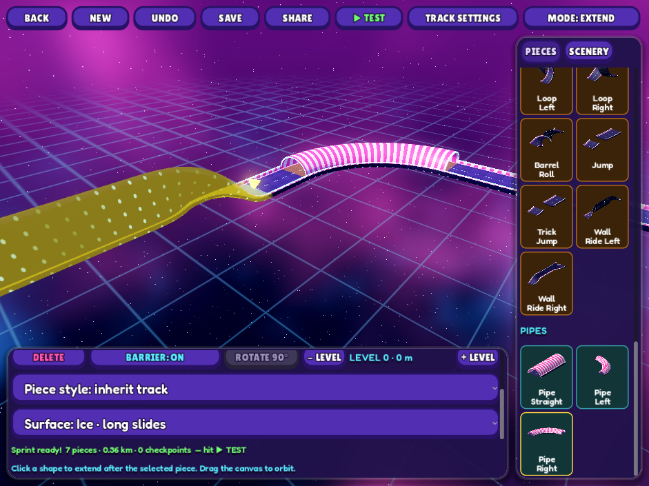 The actual track builder: a connected jump, wall ride and striped pipe, with piece cards and test-drive controls.